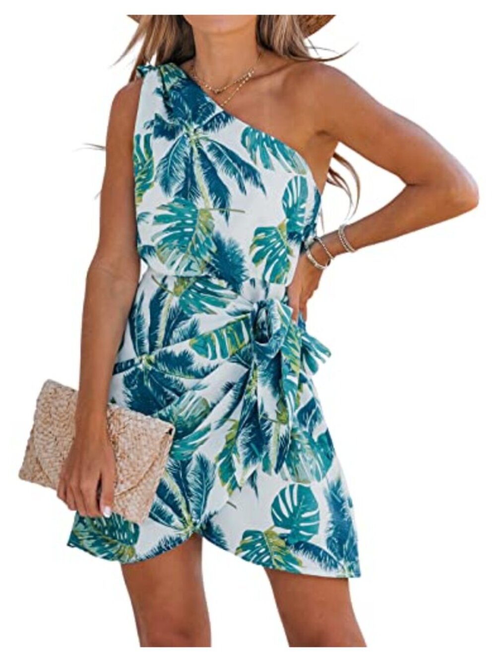 Women's One Shoulder Leaf Print Mini Dress Sleeveless Tiered Hem Casual